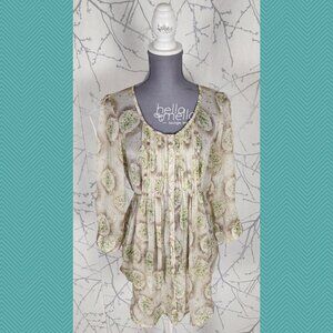 Kimchi Blue Artsy Print Pleated Pintuck Button Up Sheer Tunic